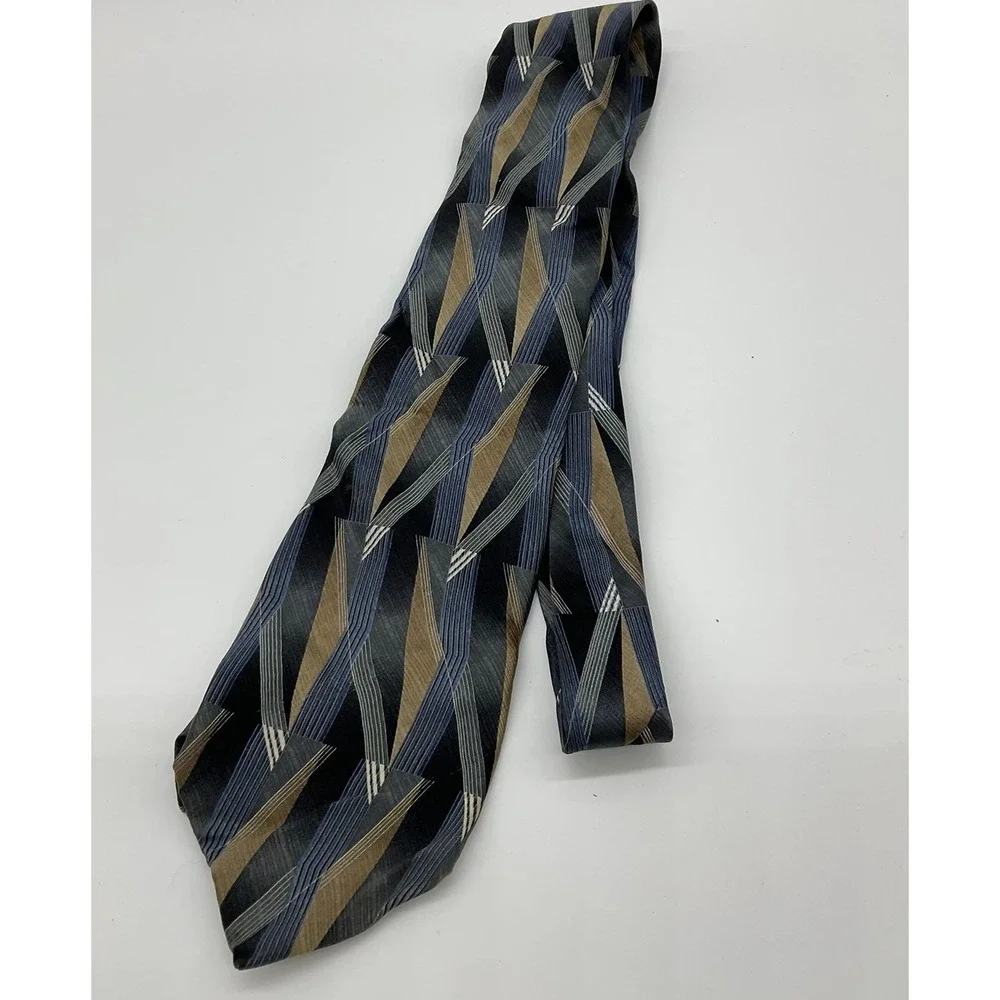 Essante Necktie Men Blue Tan Geometric 100% Silk Abstract Professional Accessory